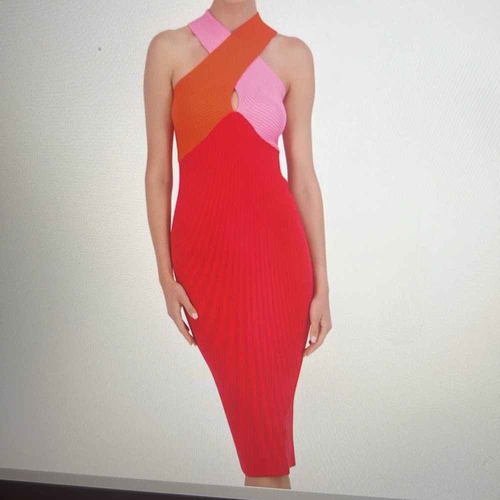NEW BCBG Sleevelesss Criss Cross Halter Midi Color Block Sweater Day Dress